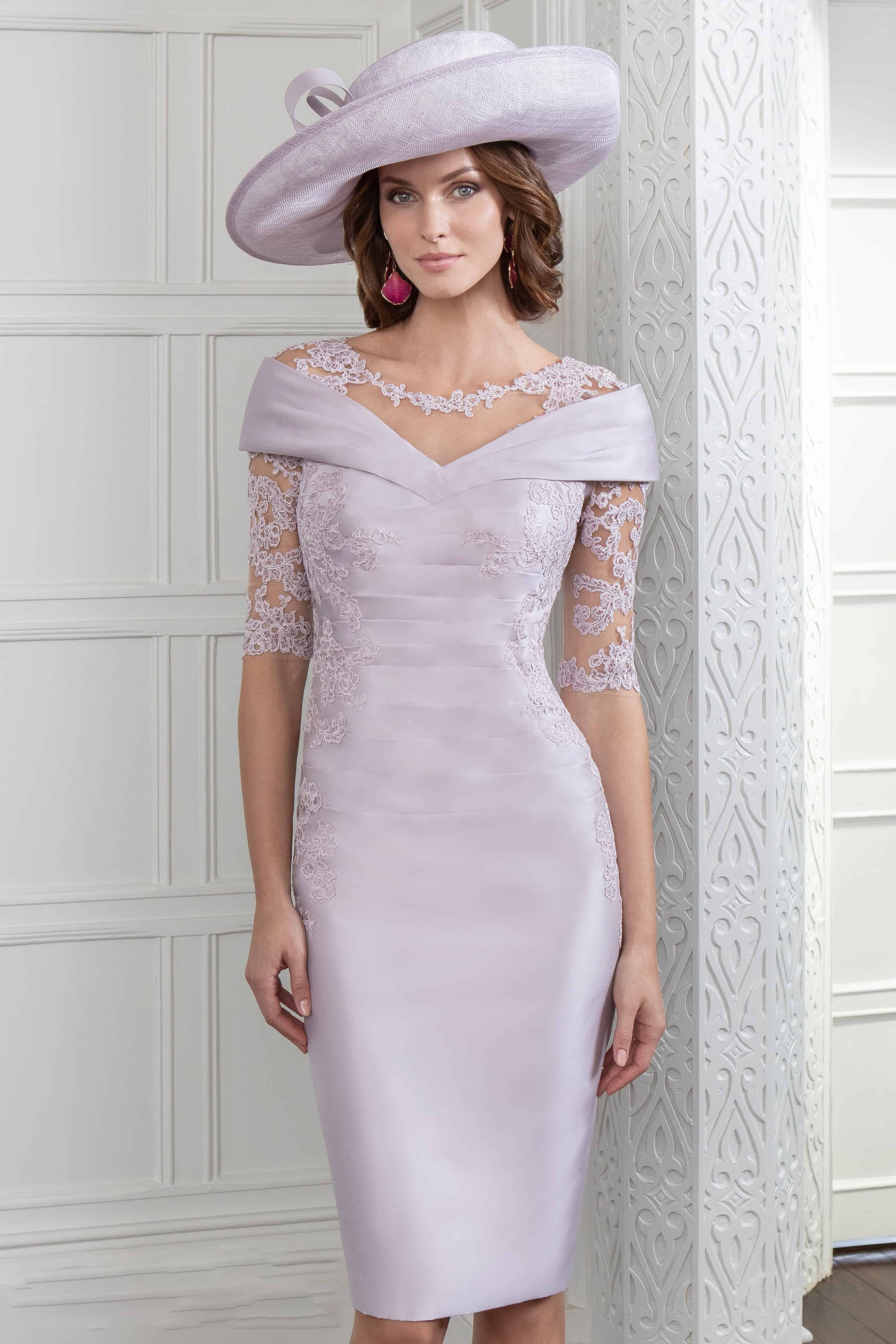 Short fitted dress with sheer sleeves. 73583 - Catherines of Partick