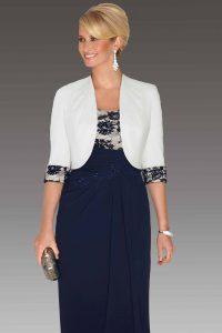 navy dress and cream jacket Navy Scalloped Dress