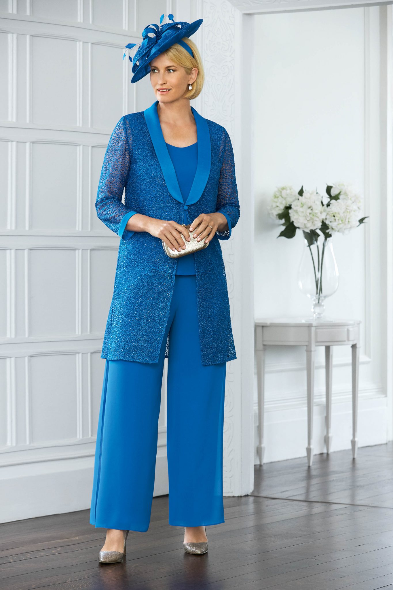 Three piece trouser suit with lace coat. 71004 sizes 22 Catherines of