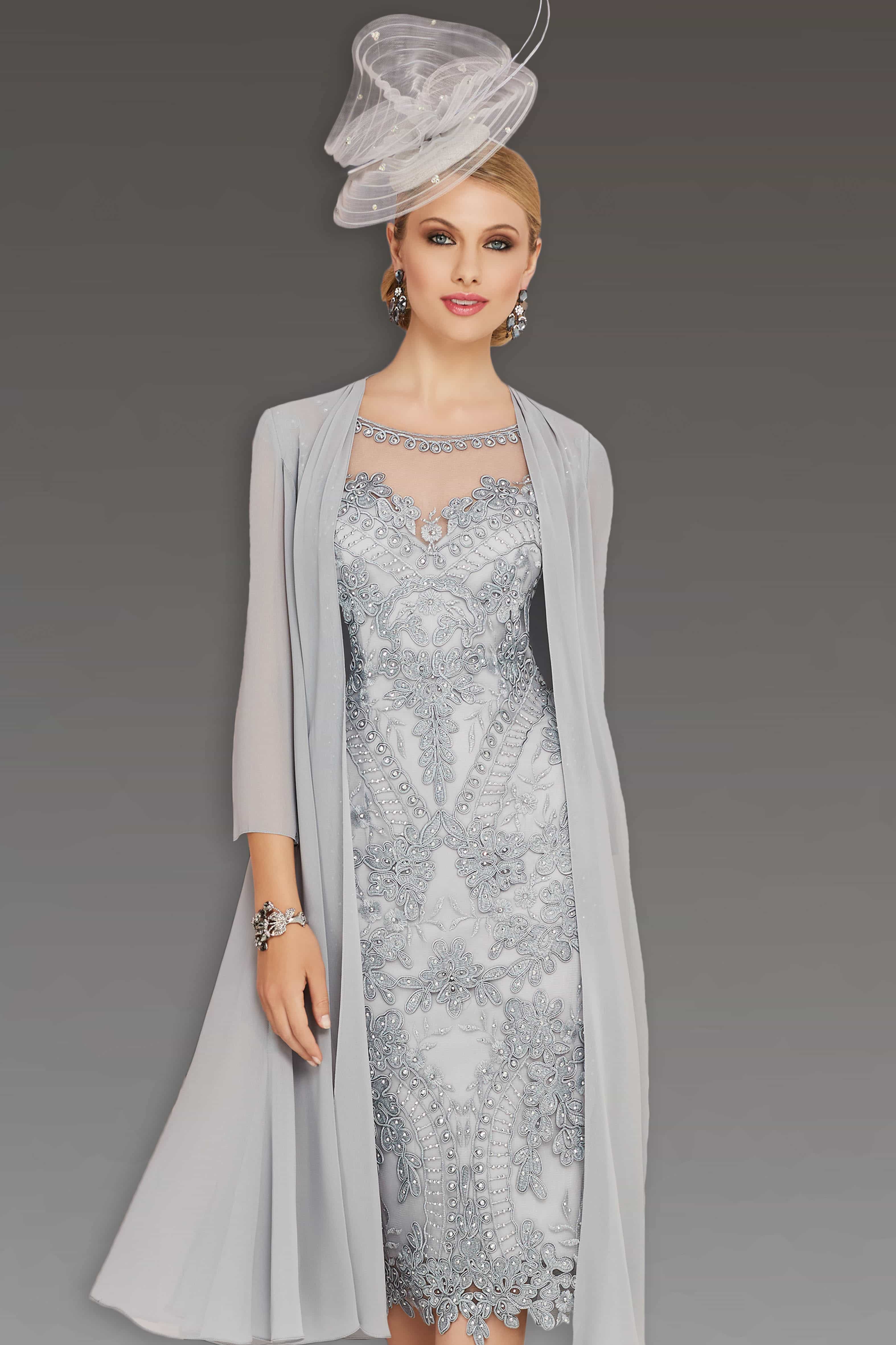 Short lace dress with matching chiffon coat.    Catherines of