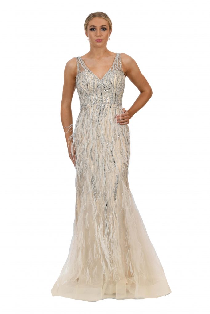 Full length beaded dress with feather trim. AF79767 - Catherines of