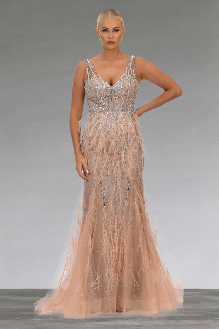 Full length beaded dress with feather trim. AF79767 - Catherines of Partick