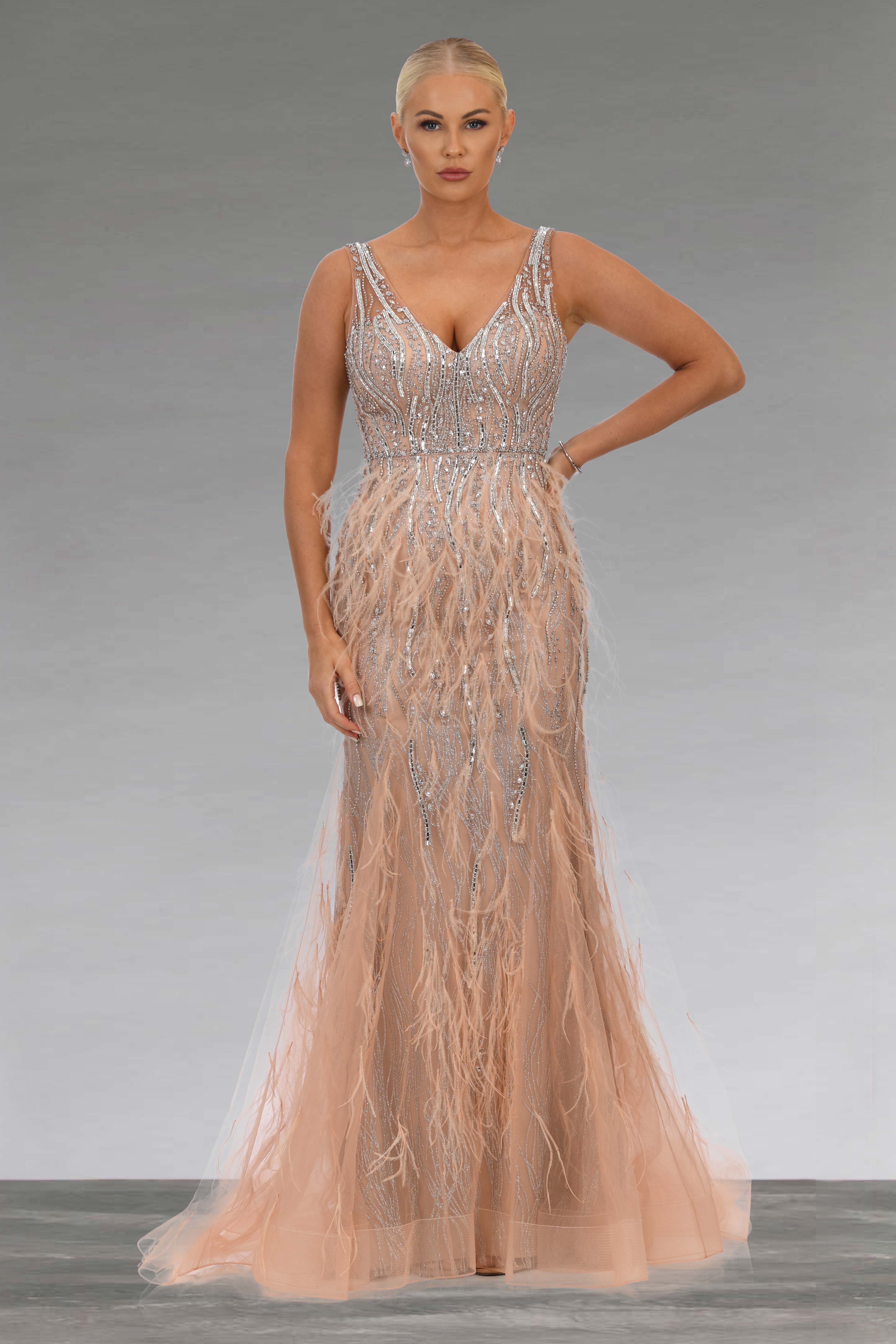 Full length beaded dress with feather trim. AF79767 - Catherines of Partick