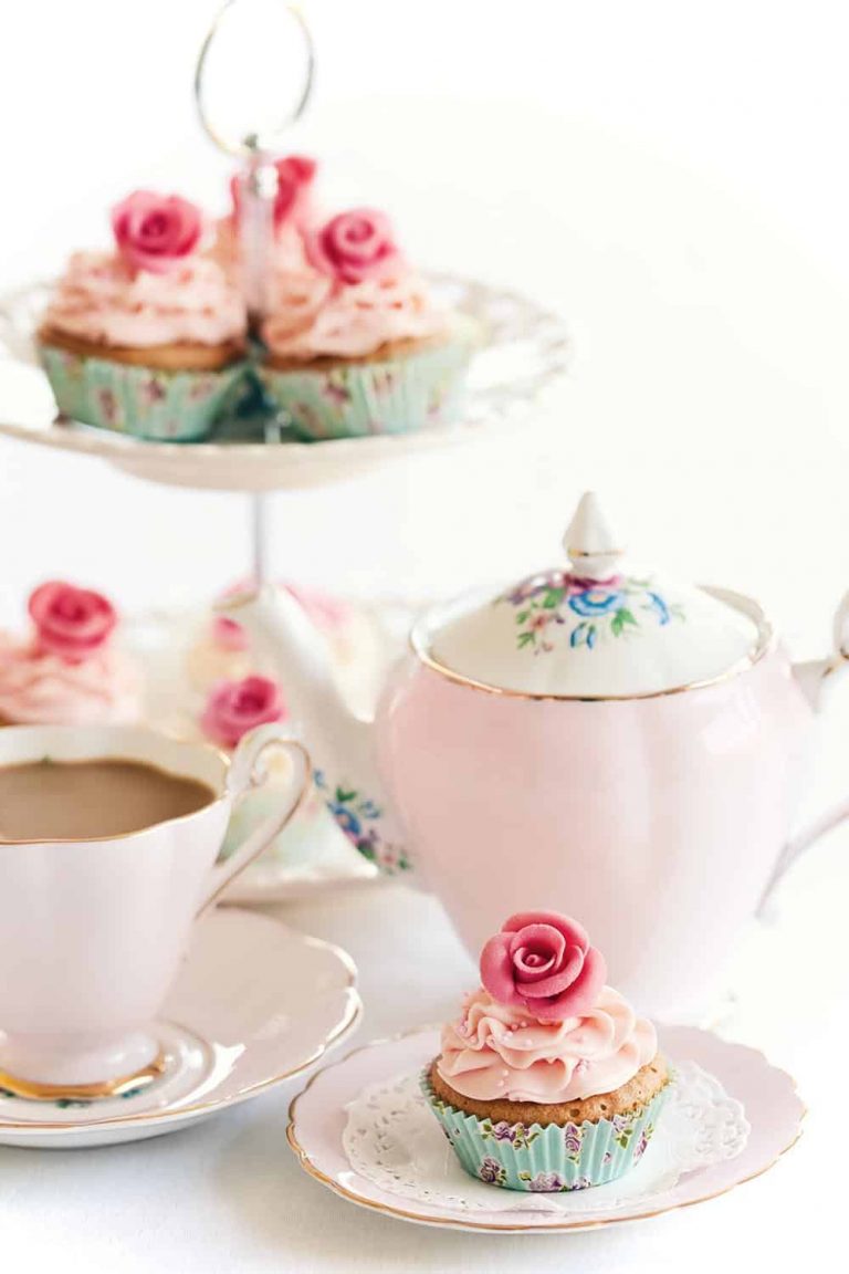 Elegant tea set with cupcakes and teapot at Catherines of Partick.