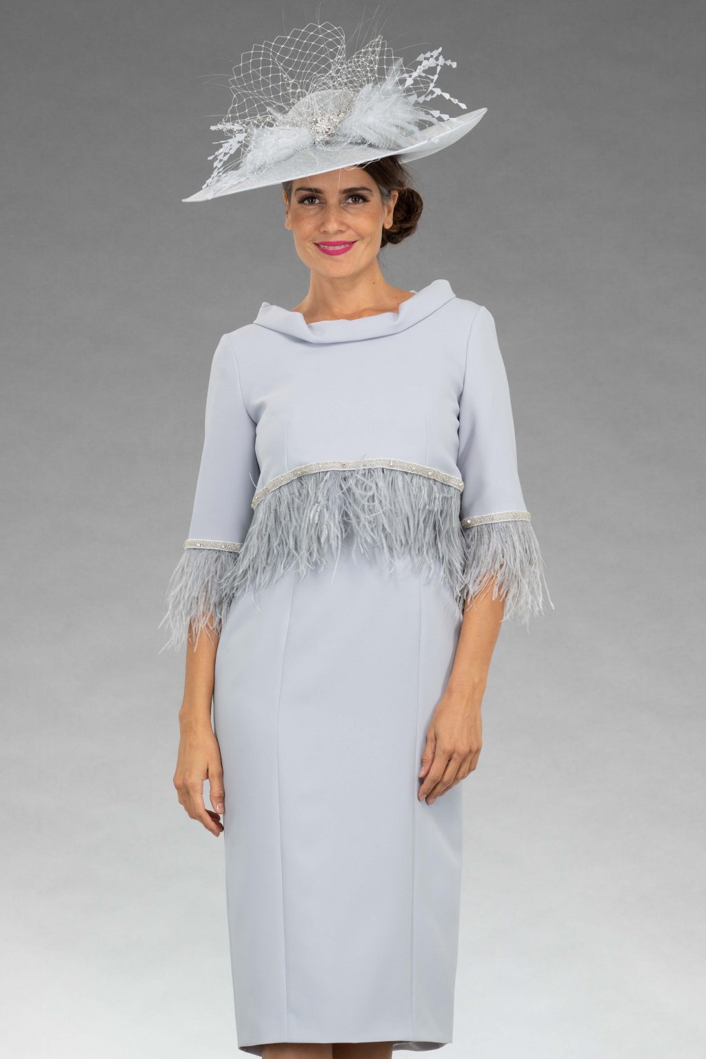 Short fitted dress with feather trim.  80483-80497