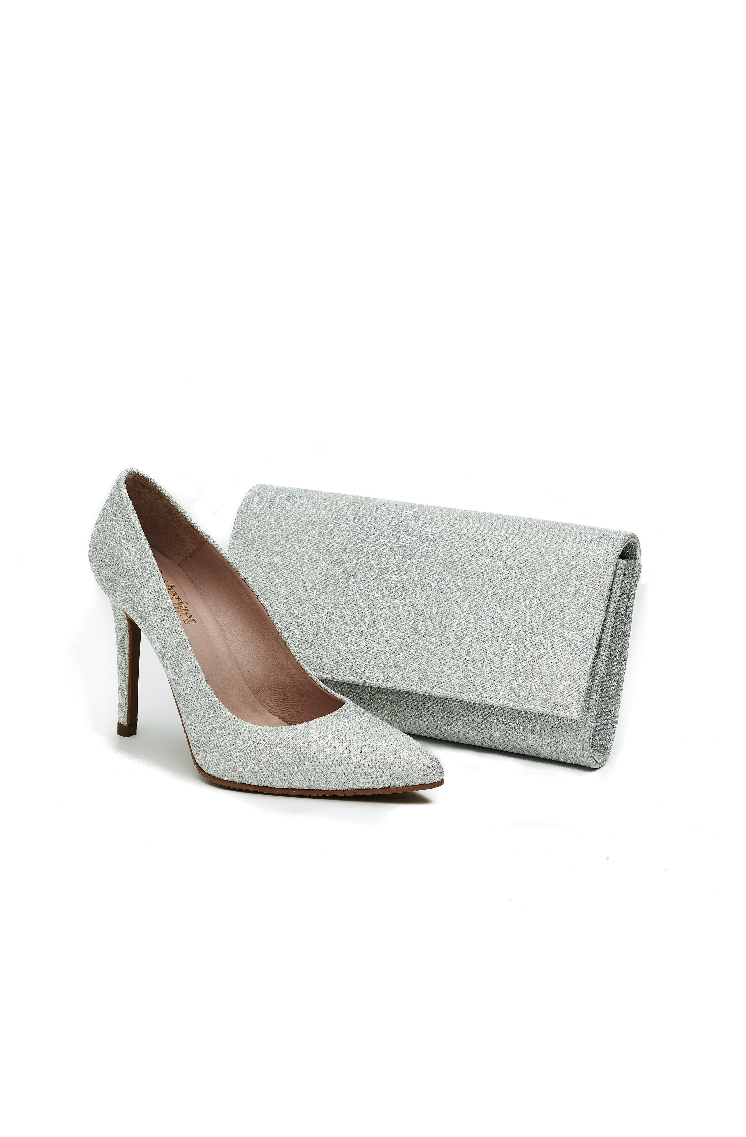 silver evening shoes and matching bag