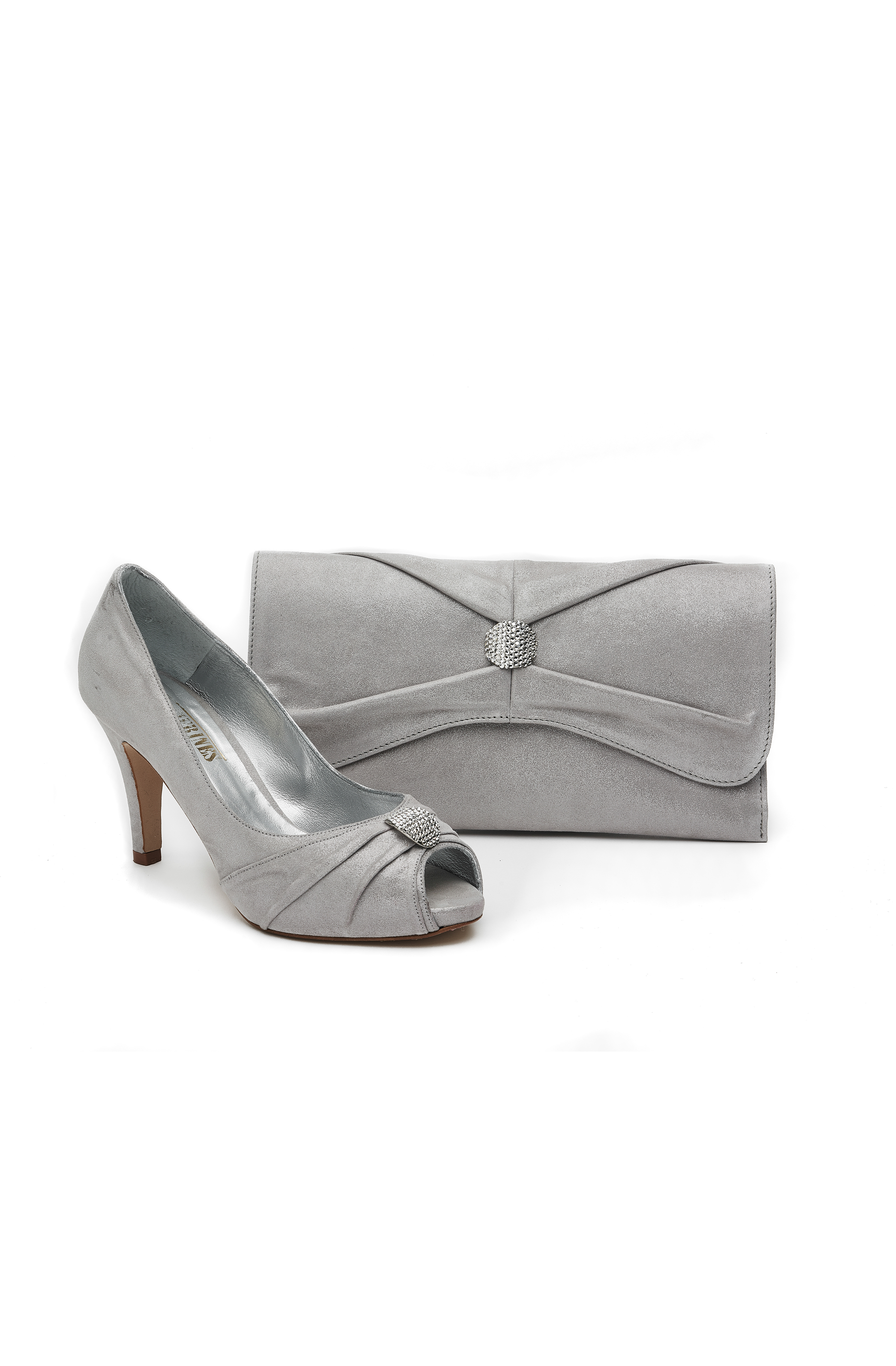 grey wedding shoes and bag