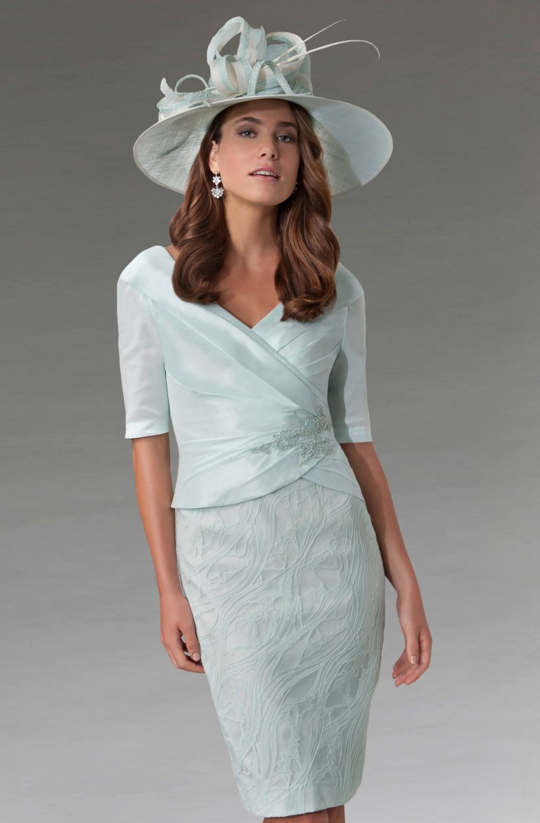 Short fitted dress with wrap effect bodice. ISB176 - Catherines of Partick