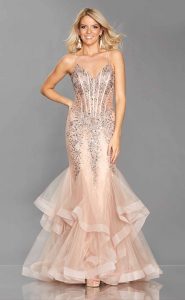 Full length dress with layered fishtail. Monica - Catherines of Partick