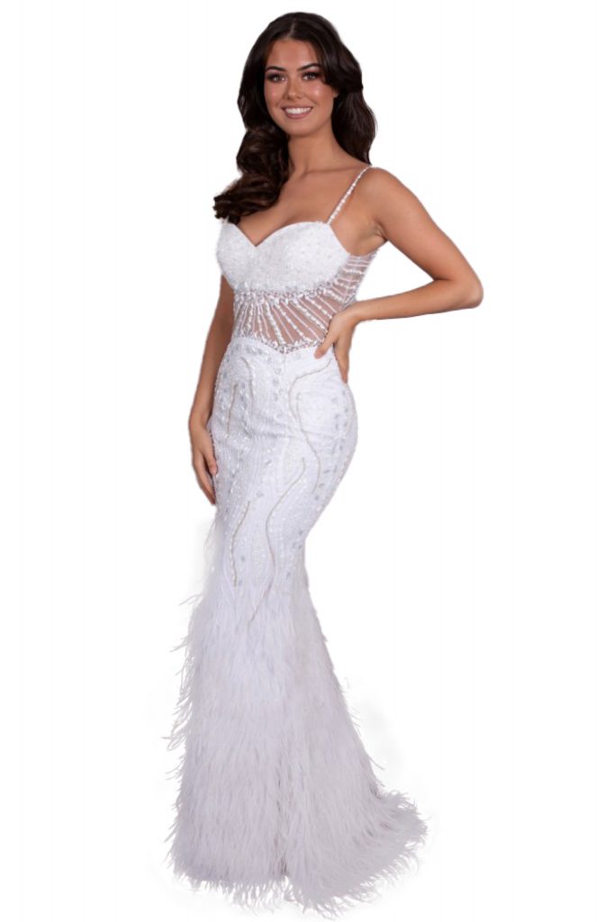 Full length dress with feather TNG890 Catherines of Partick