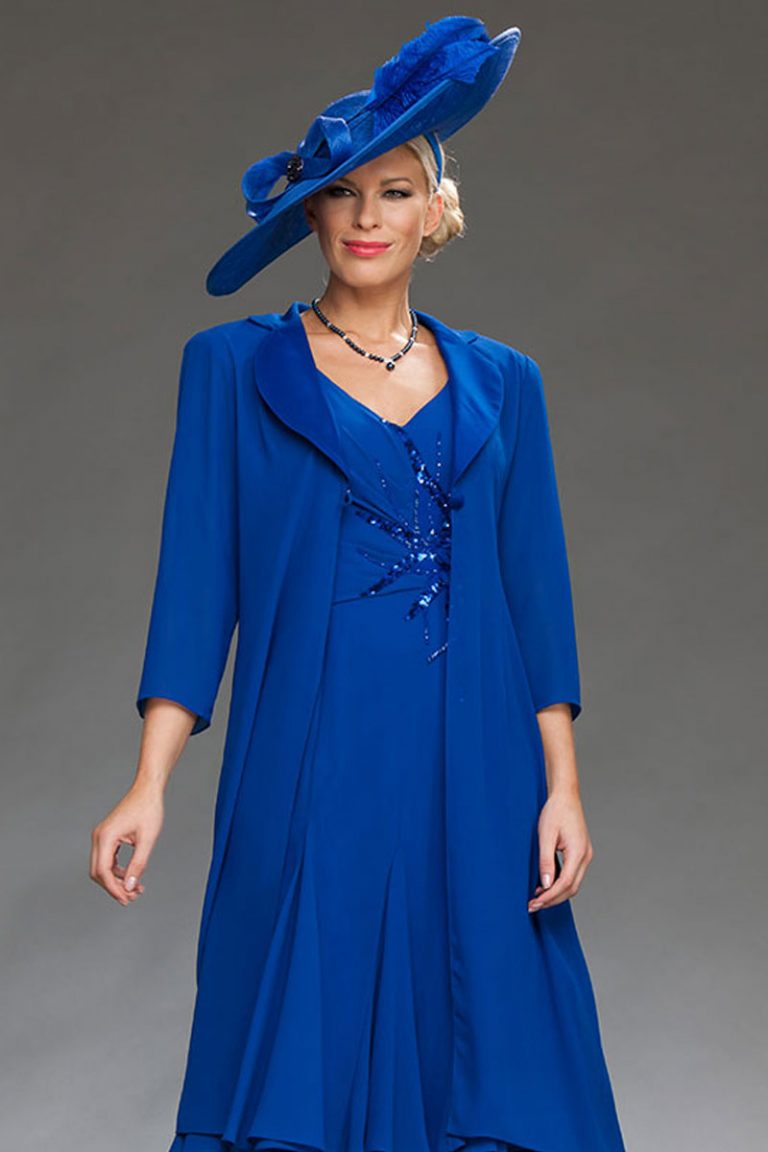 Chiffon dress with bead detail and matching length coat 008974