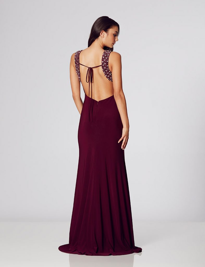 Long jersey dress with high beaded neck and low back. Style Tiegan Navy ...