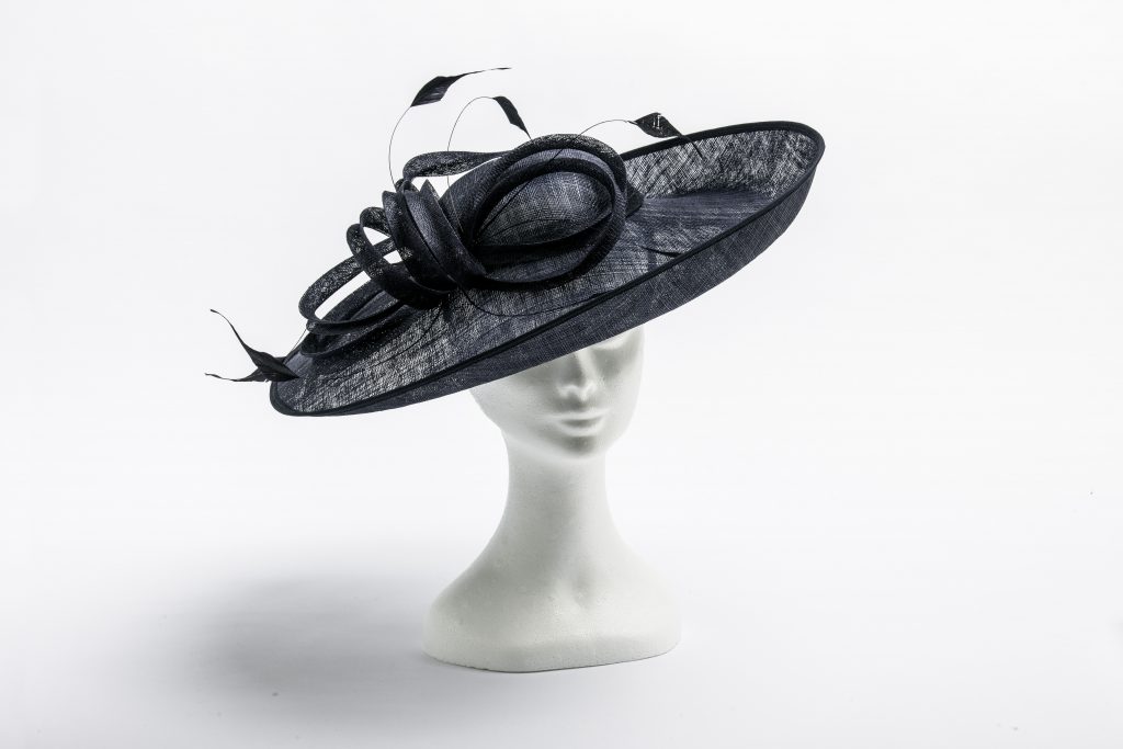 Navy hatinator with loops and feathers 