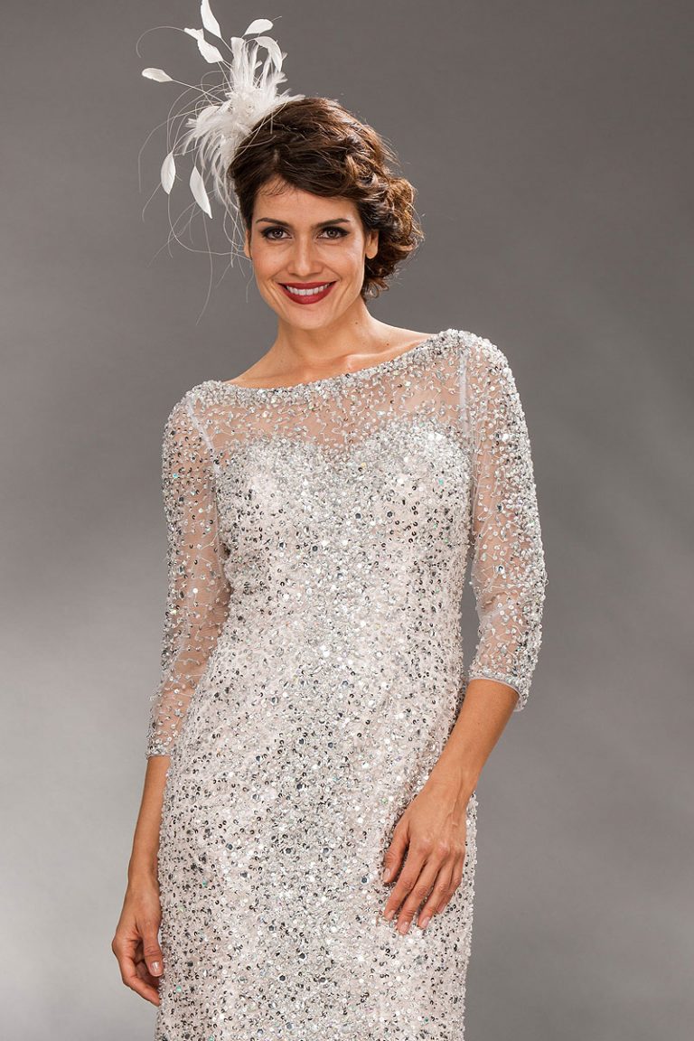 Short fitted fully beaded dress with sleeves CP8280 Catherines of Partick
