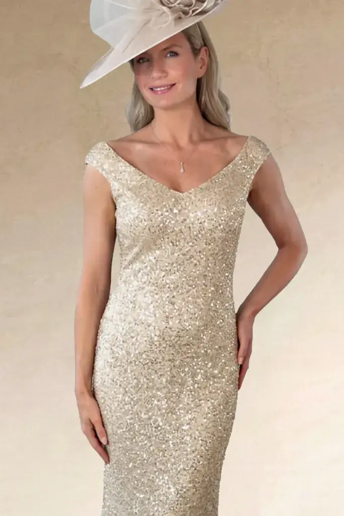 A woman in a gold sequin dress and cream hat.