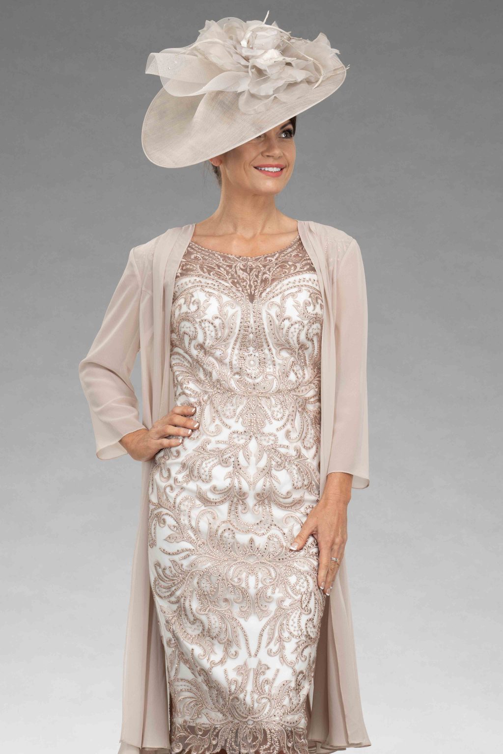 Short fitted beaded dress with chiffon coat. 008565 - Catherines of Partick