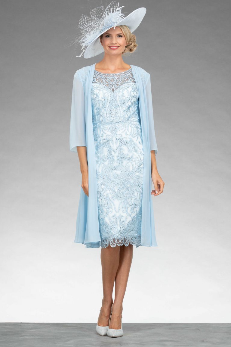 Short fitted beaded dress with chiffon coat. 008565 - Catherines of Partick