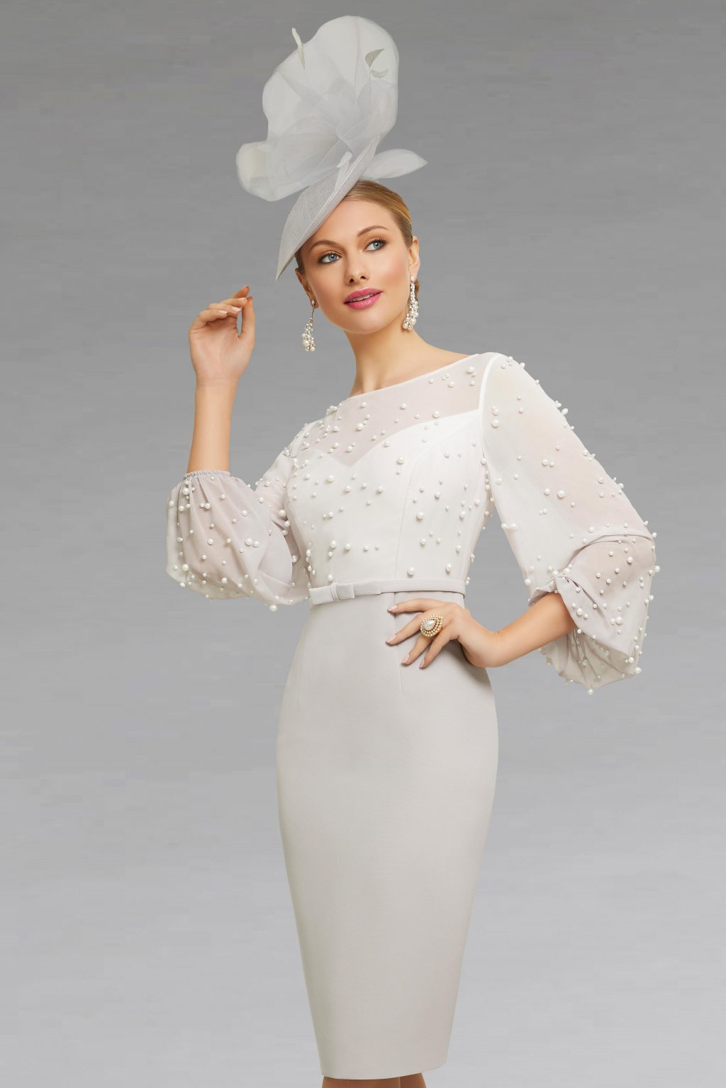 Short fitted dress with pearl bodice. 008496 - Catherines of Partick