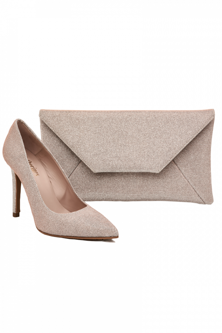 Nude high heels and matching clutch bag for formal occasions.