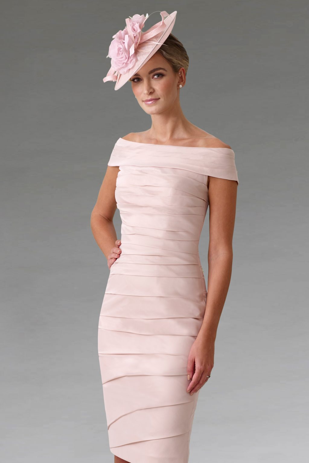 Short fitted dress with bardot style neckline. IR5071