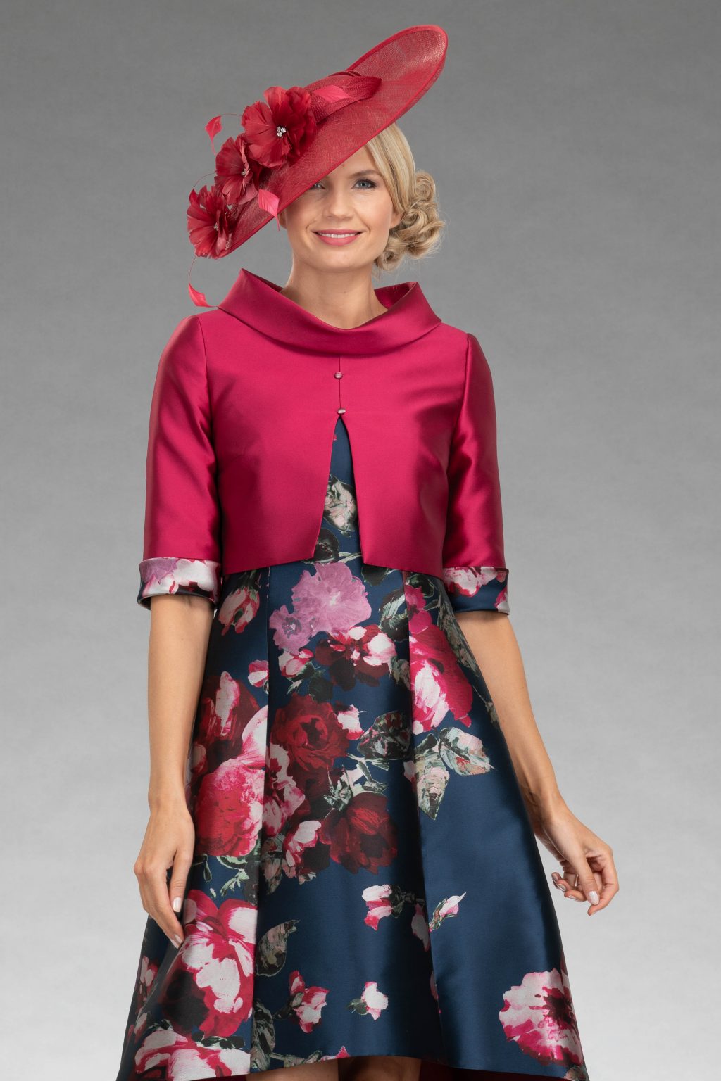Dipped hem dress with matching jacket.  3054