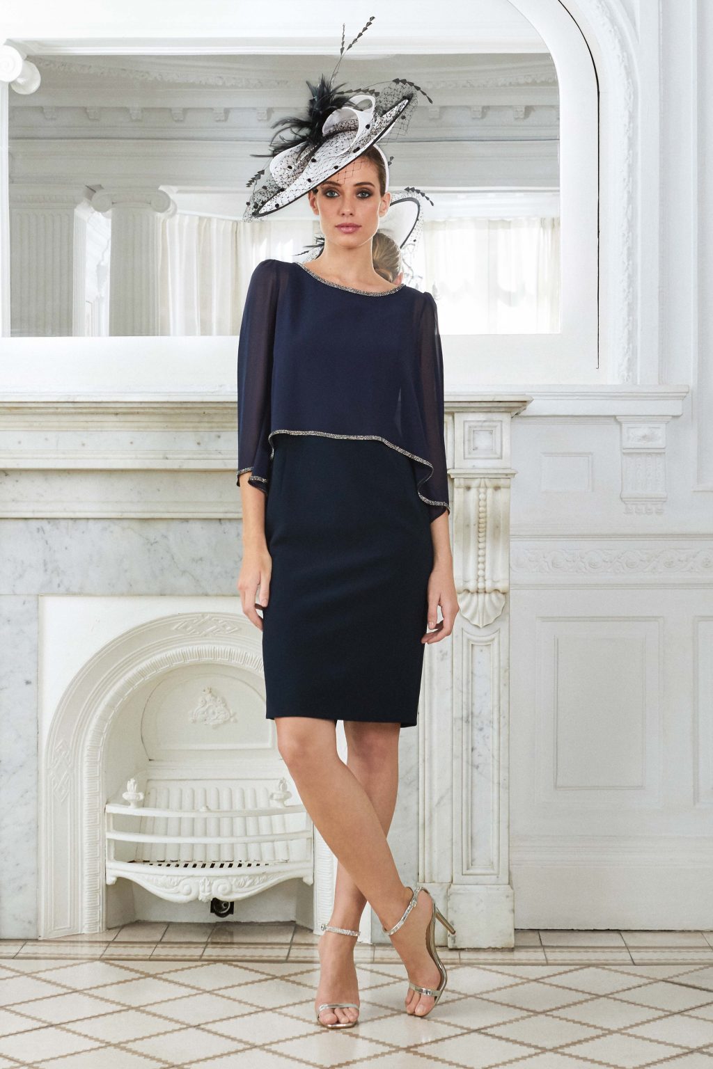 Short fitted dress with chiffon overlay.  Begur navy size 10 - Image 3