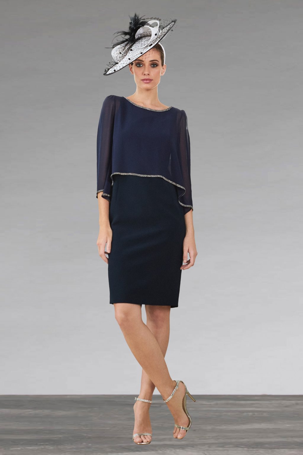Short fitted dress with chiffon overlay.  Begur navy size 10 - Image 2