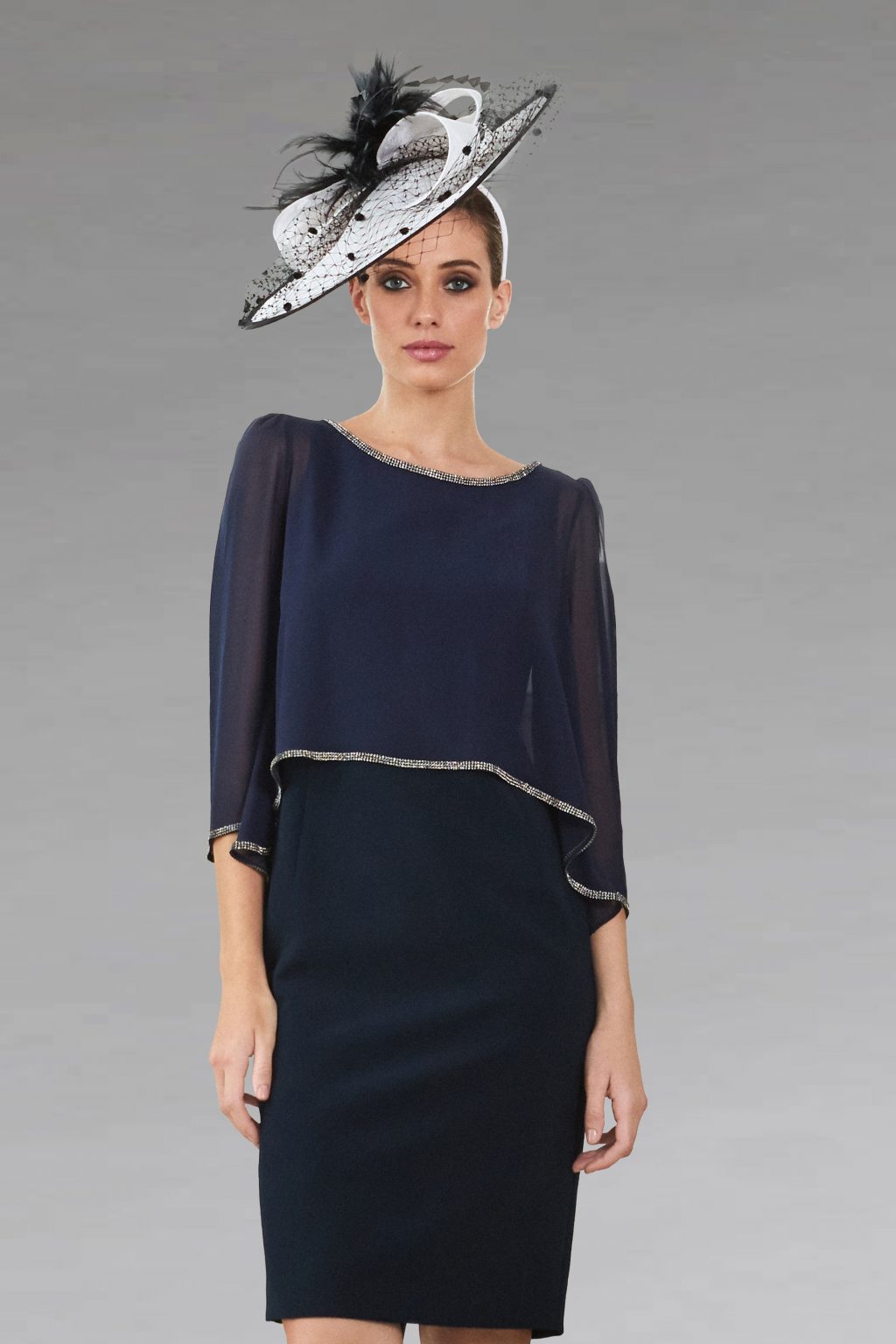 Short fitted dress with chiffon overlay.  Begur navy size 10