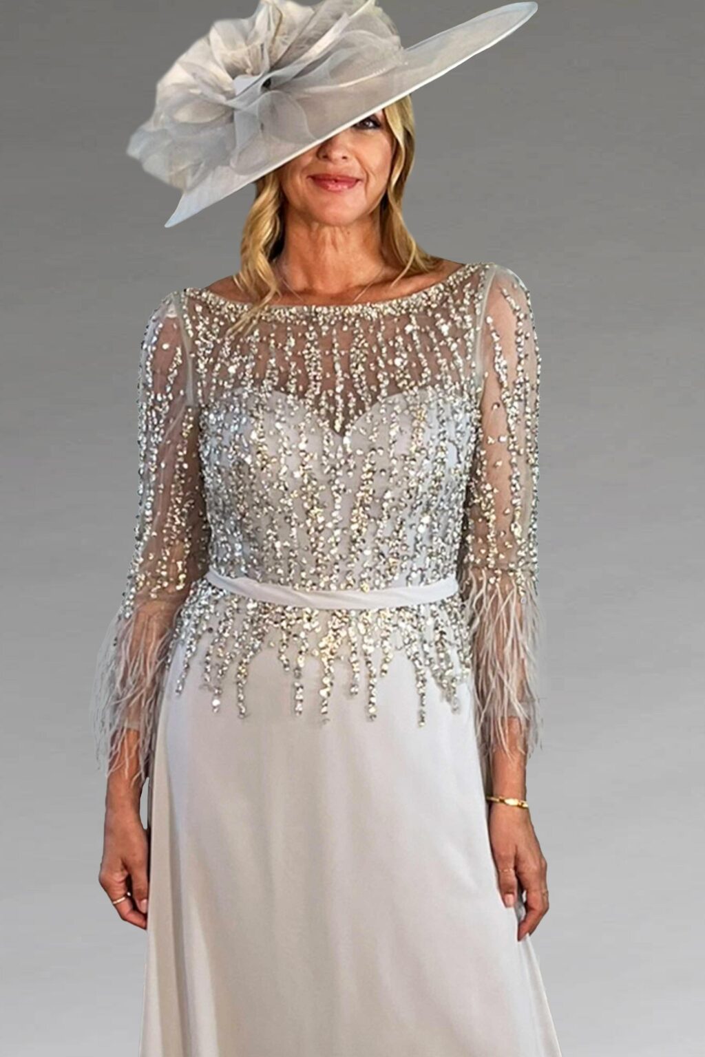 Full length dress with beaded sleeves.  1921M0473