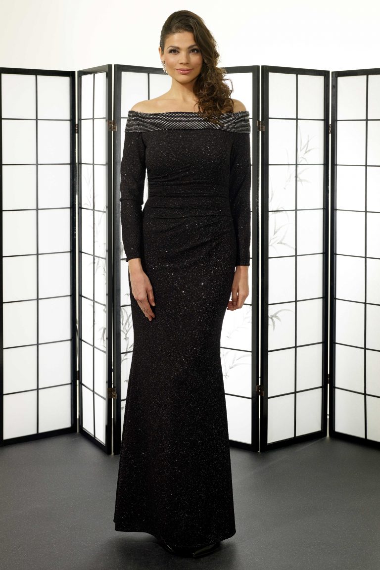 Full Length Dress With Bardot Neckline And Sleeves Vo3537 Catherines Of Partick