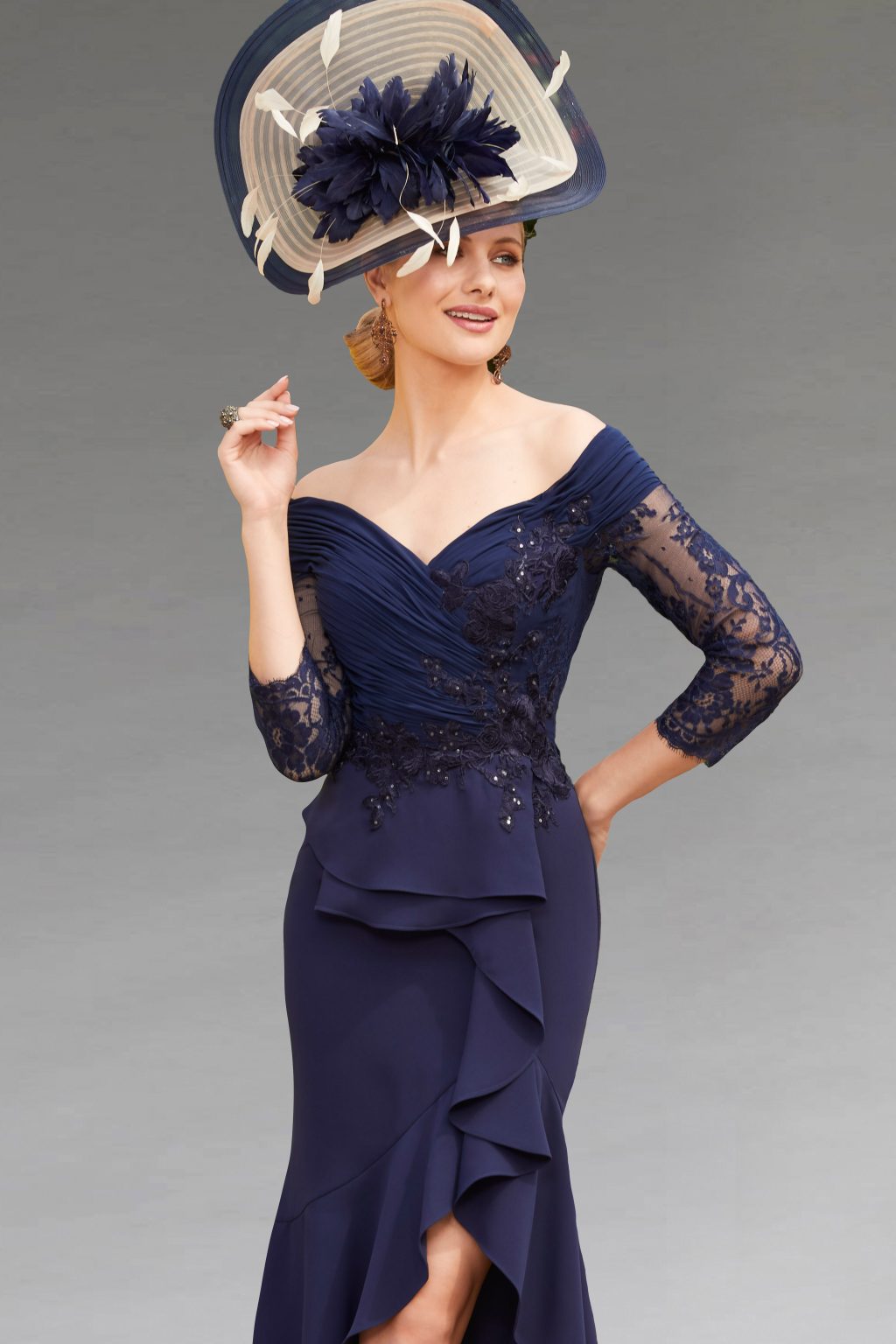 Mid Length Off Shoulder Dipped Hem Dress. 008127