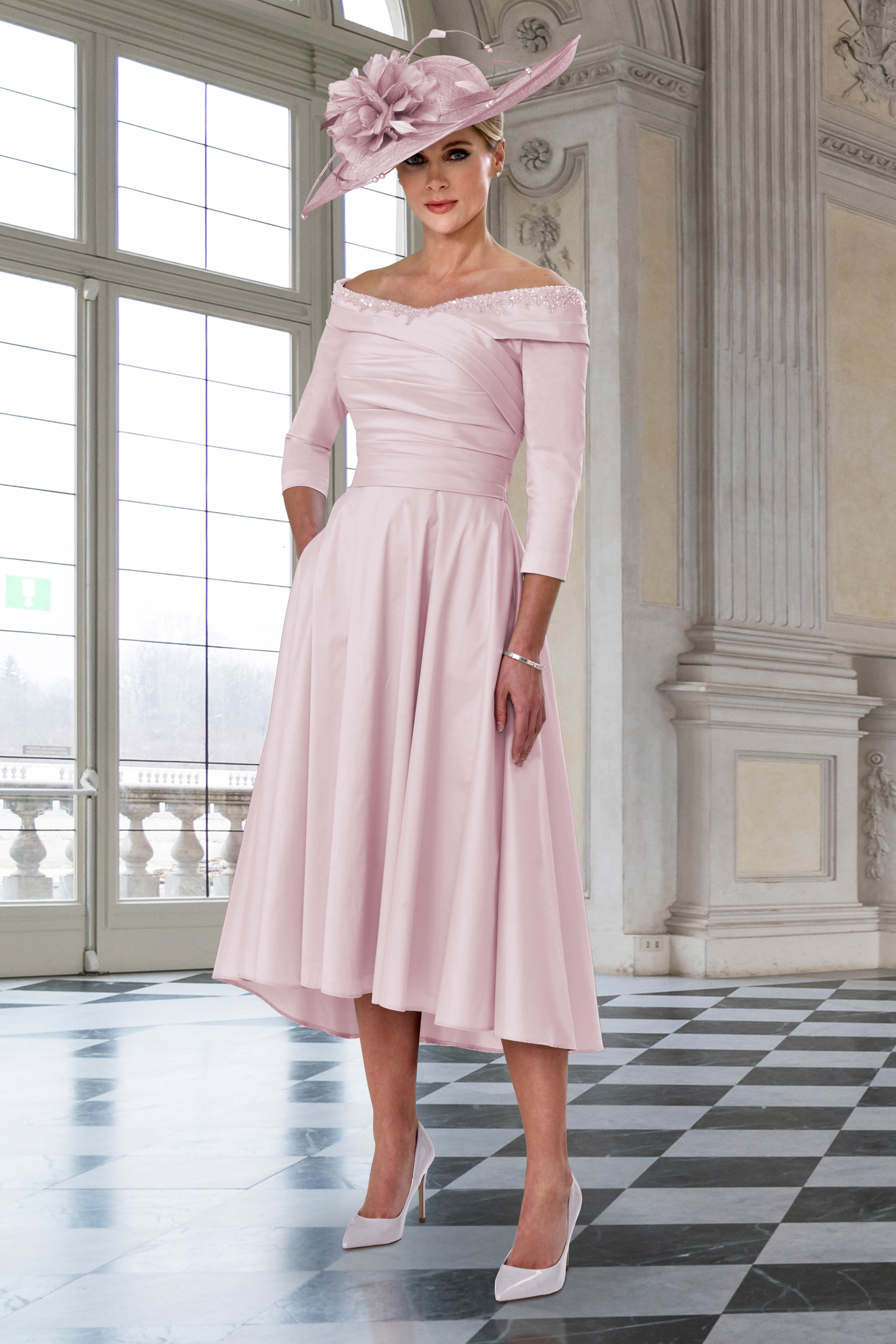 Mid-Length Off Shoulder Fit And Flare Dress. IR3996 - Catherines of Partick