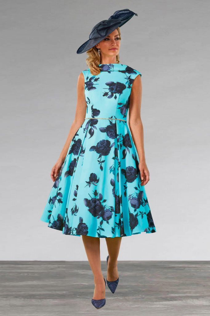 Short Floral A Line Dress With Boat Neck. VO3580 - Catherines of Partick