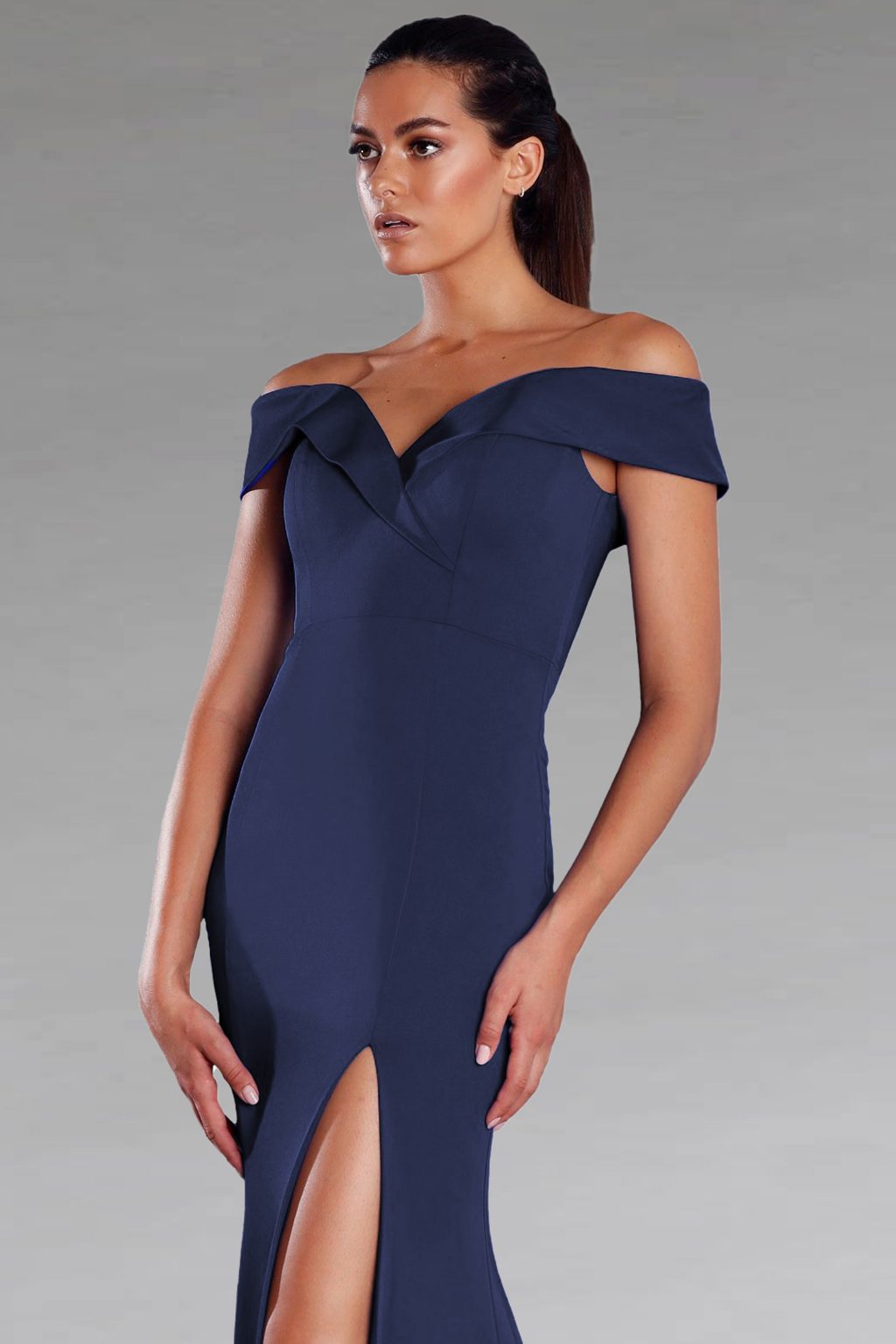 Full Length Dress With Bardot Neckline.  JX996
