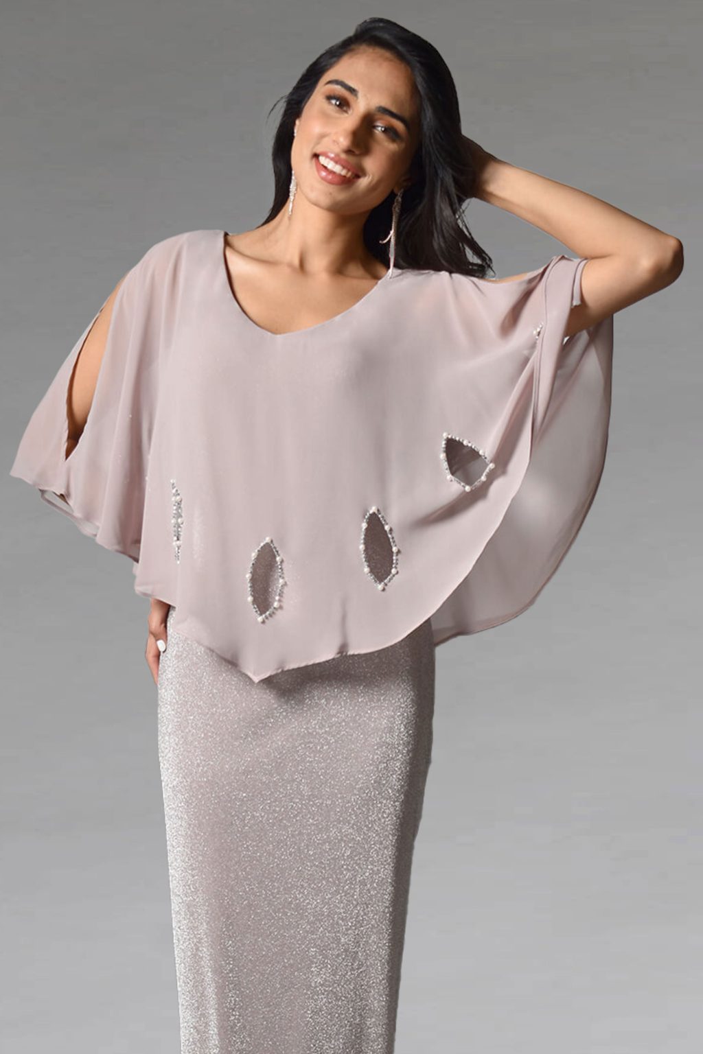 Full Length Dress With Chiffon Overlay.  780826