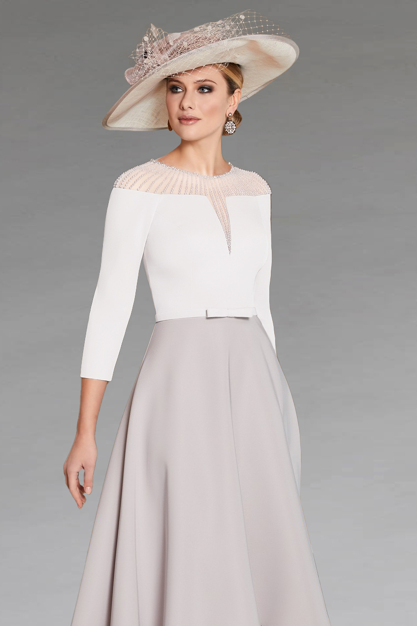 Dip Hem Dress With Sleeves and Illusion Neckline. 29707a - Catherines ...