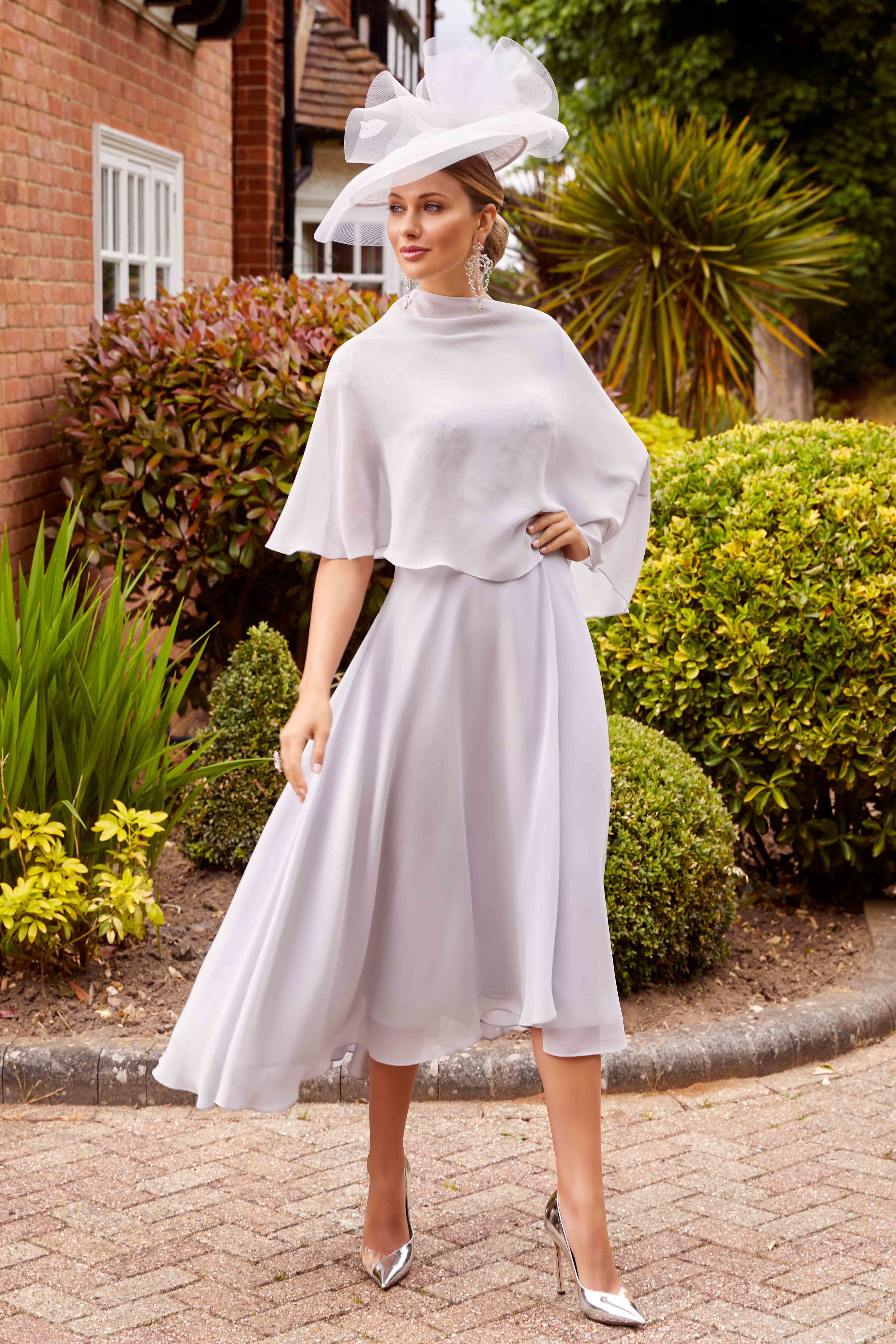 Mid Length Chiffon Dress with Cap Sleeves and Shawl. 29811a