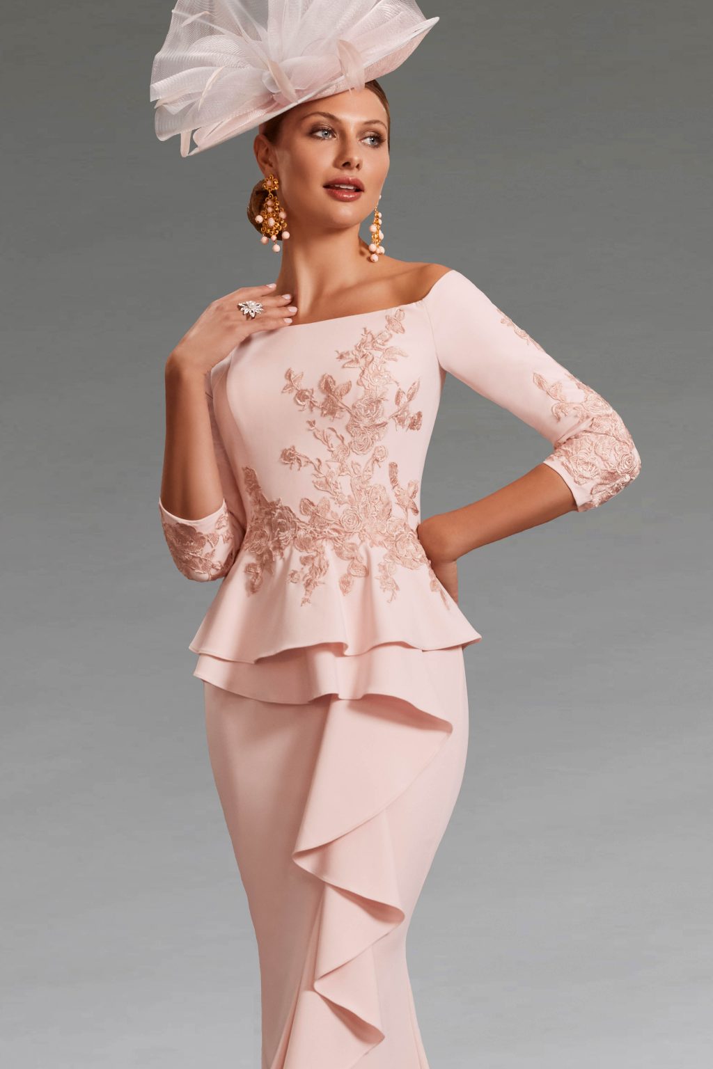 Floor Length Bardot Dress with Sleeves and Split. 007971L