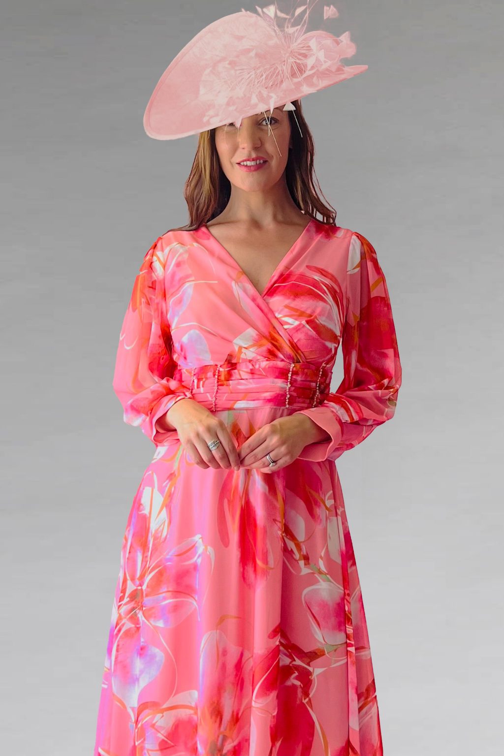 Mid Length Chiffon Floral Print Dress with Sleeves. 2650