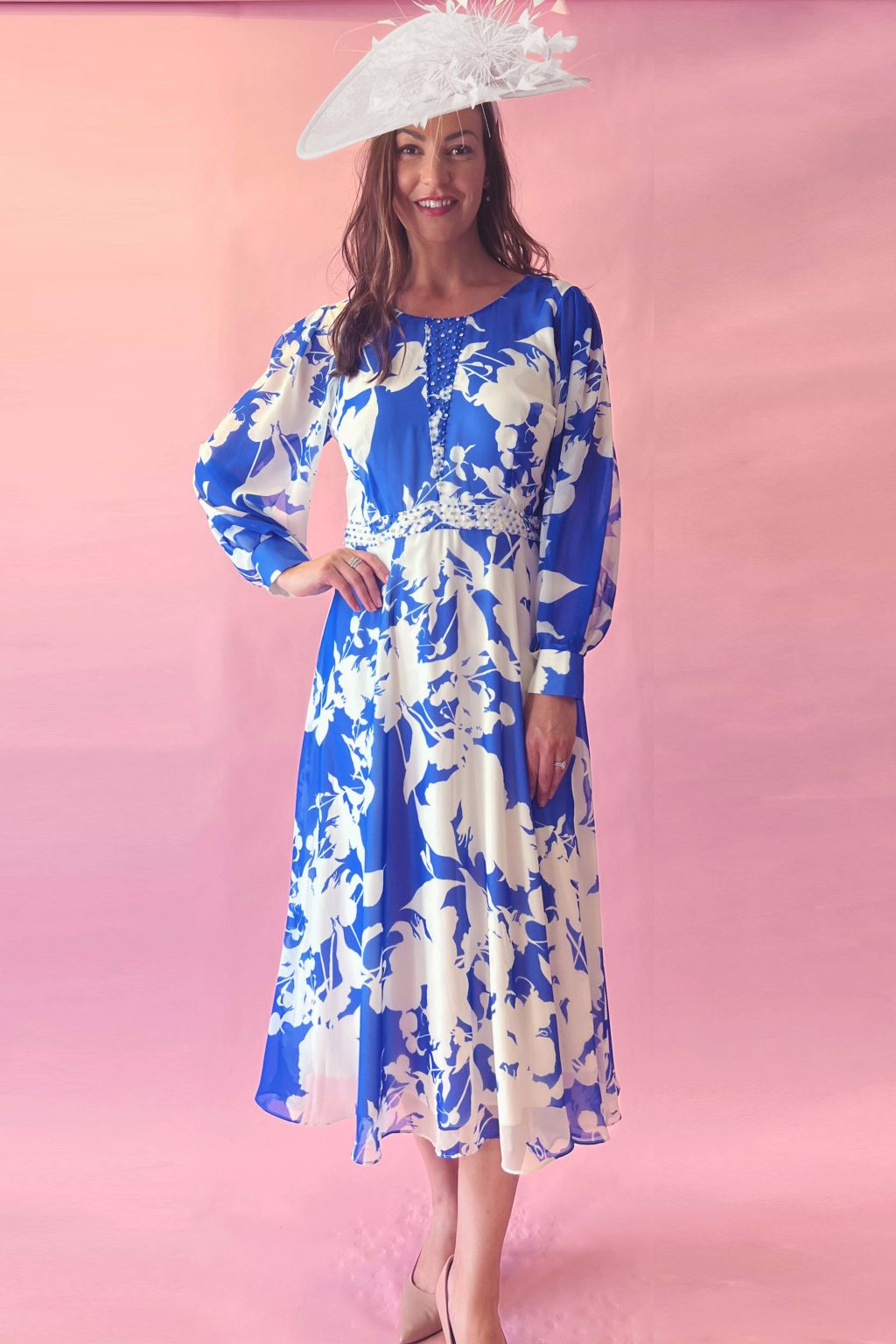 Mid Length Chiffon Dress with A line Skirt and Sleeves. 7334 - Image 2