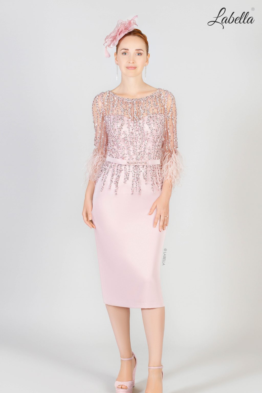 Short Dress with Feather Sleeves and Embellishment. 6902b - Image 4