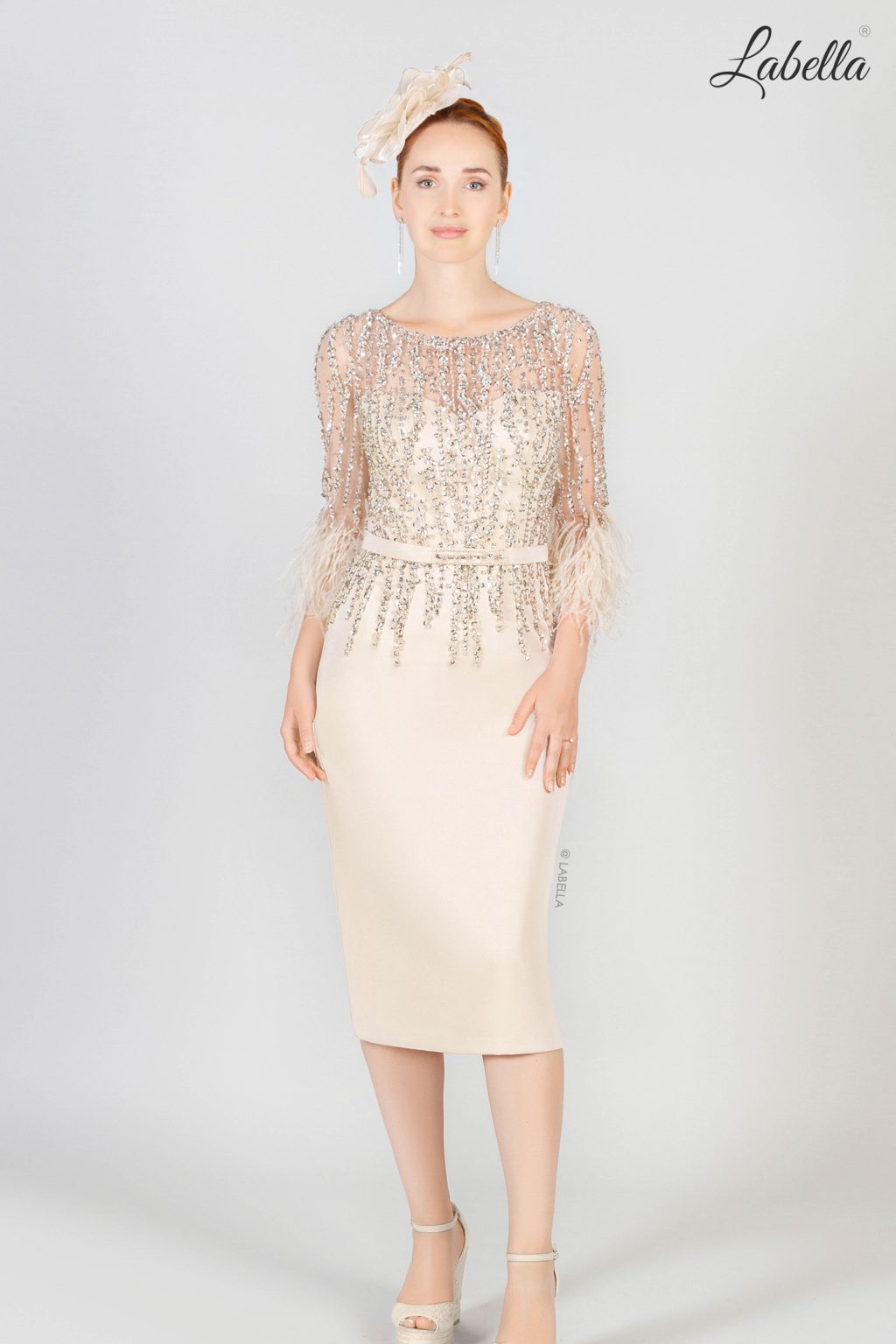 Short Dress with Feather Sleeves and Embellishment. 6902b - Image 2