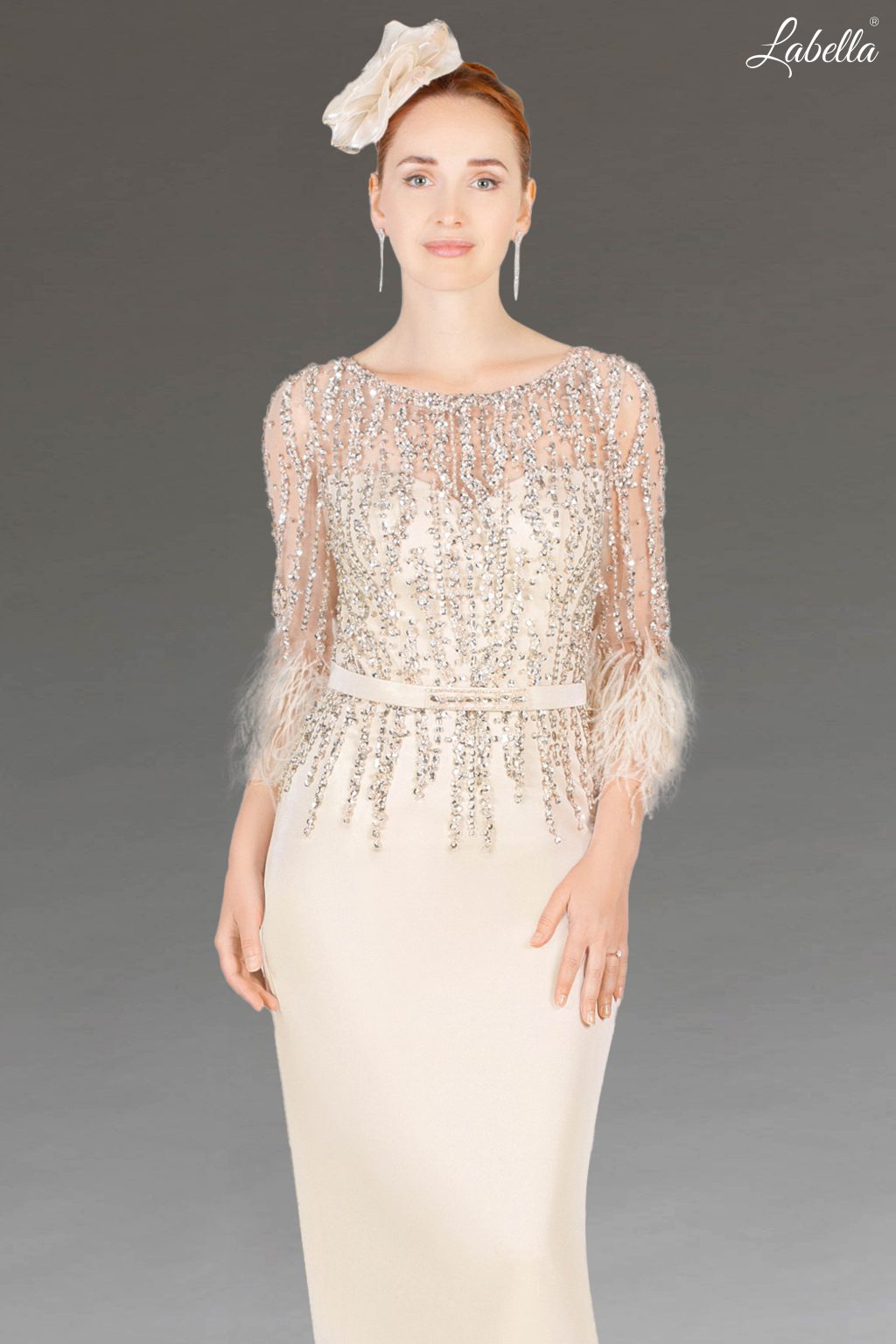 Short Dress with Feather Sleeves and Embellishment. 6902b