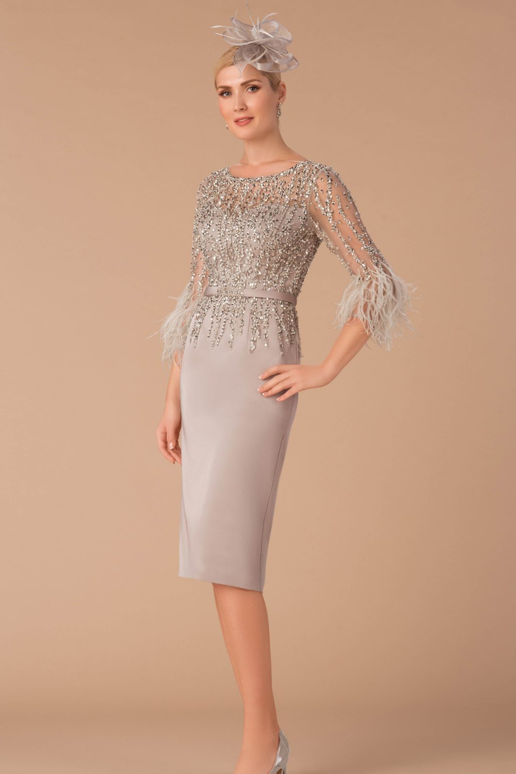 Short Dress with Feather Sleeves and Embellishment. 6902b - Image 6