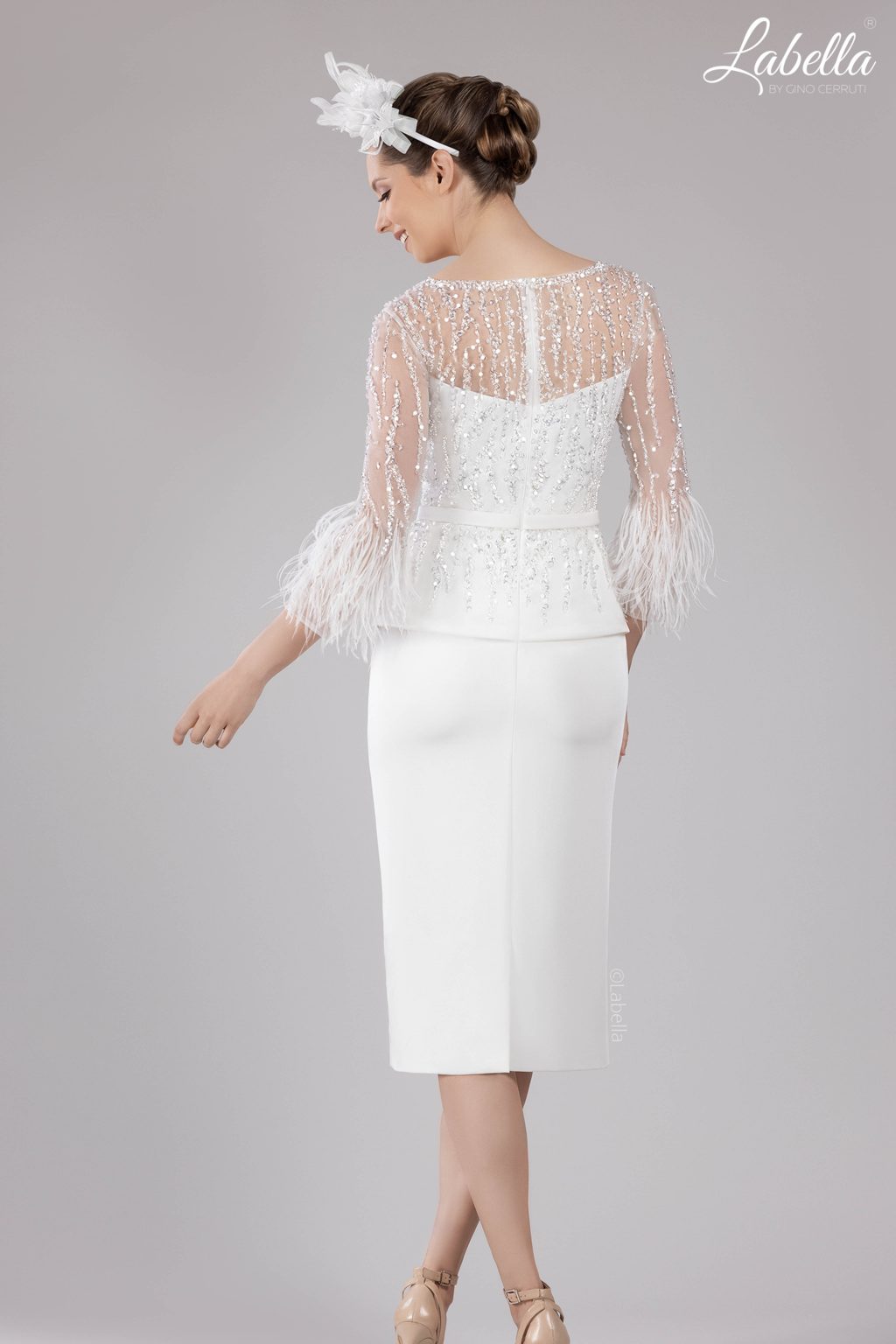 Short Fitted Sparkly Dress with Peplum Waist and Feather Sleeves. 3172b silve 10, 14 - Image 4