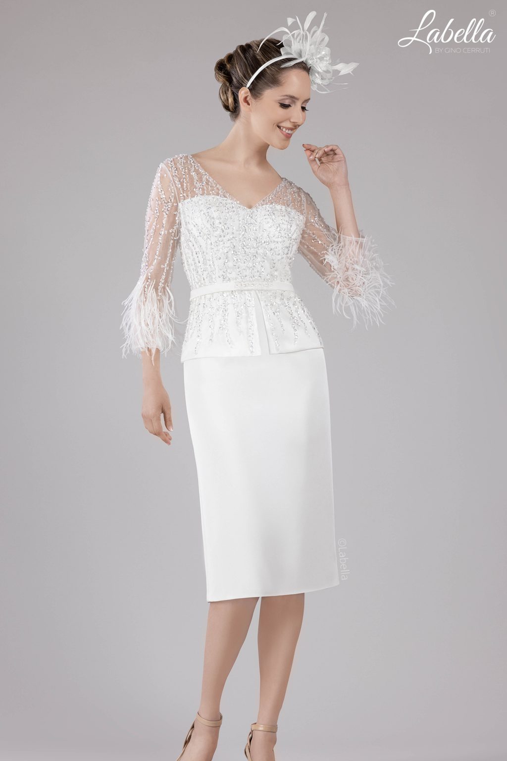 Short Fitted Sparkly Dress with Peplum Waist and Feather Sleeves. 3172b silve 10, 14 - Image 3
