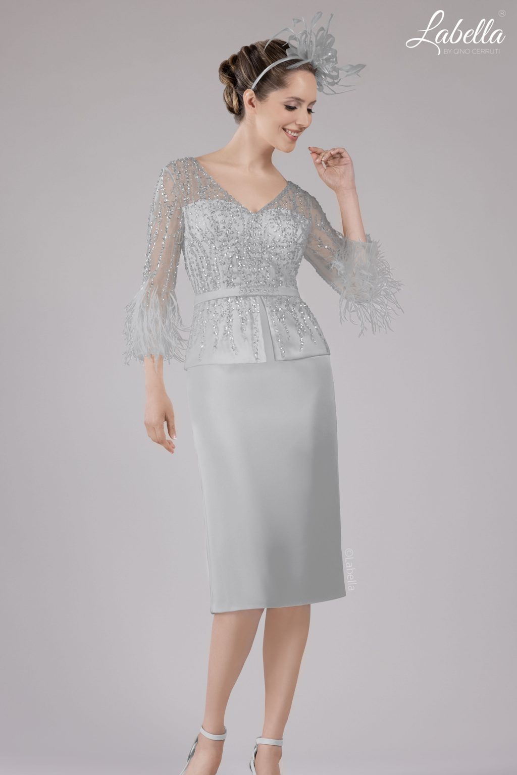 Short Fitted Sparkly Dress with Peplum Waist and Feather Sleeves. 3172b silve 10, 14 - Image 2
