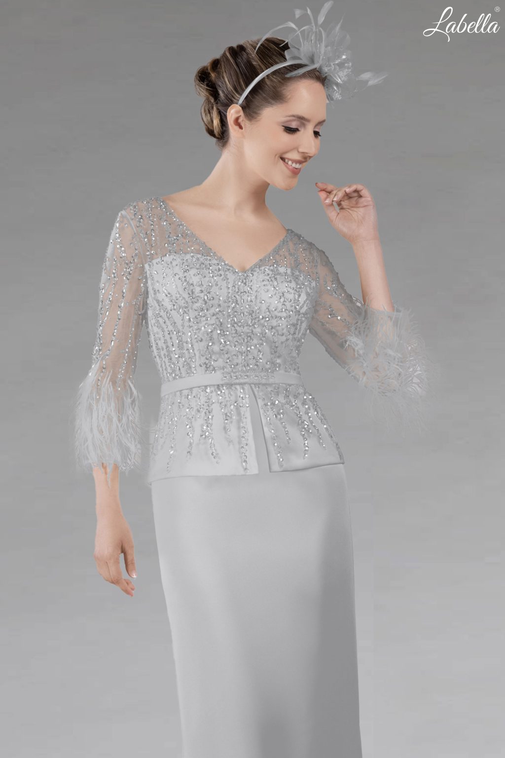 Short Fitted Sparkly Dress with Peplum Waist and Feather Sleeves. 3172b silve 10, 14