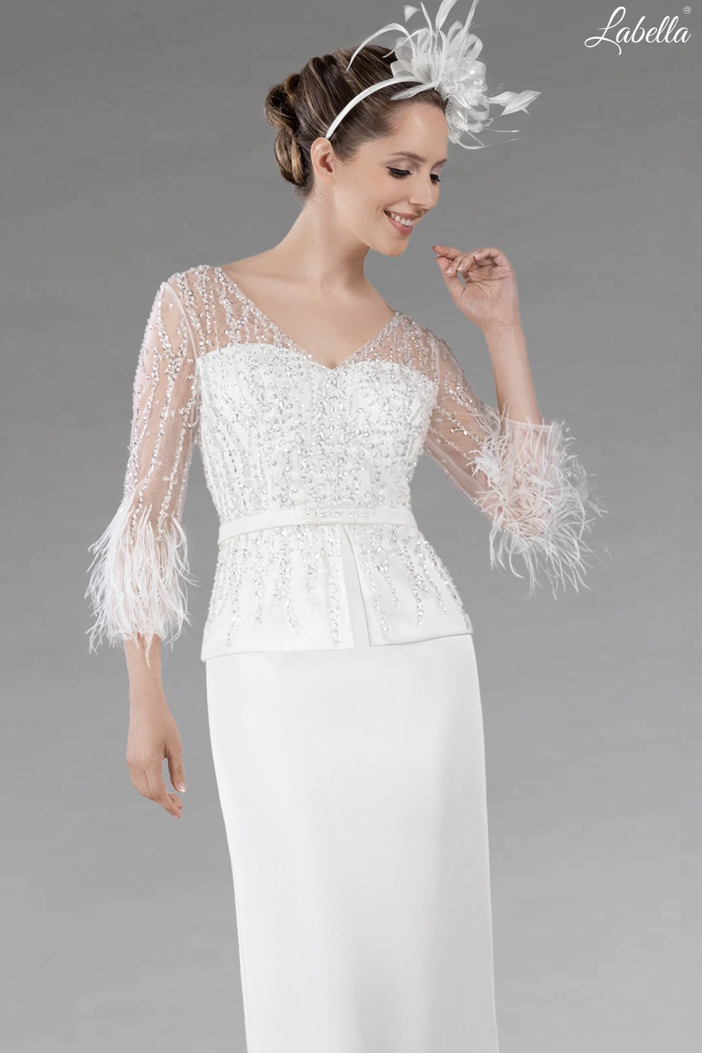 Short Fitted Sparkly Dress with Peplum and Feather Cuffs. 3172b ivory size 14