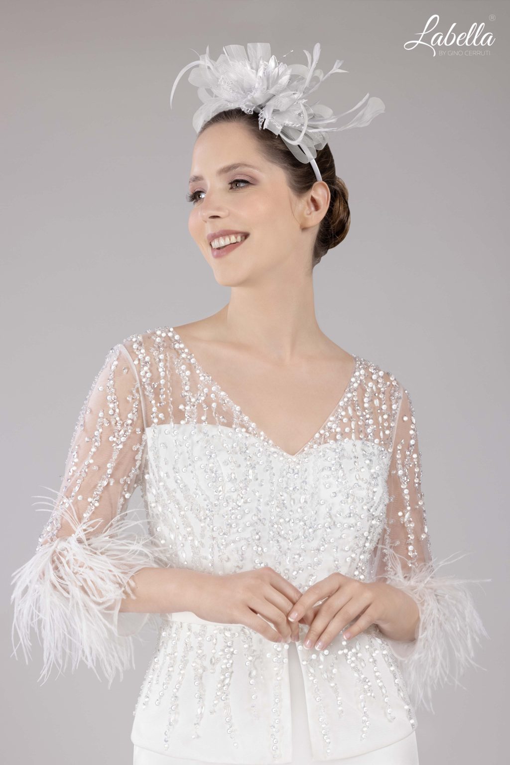 Short Fitted Sparkly Dress with Peplum Waist and Feather Sleeves. 3172b silve 10, 14 - Image 5